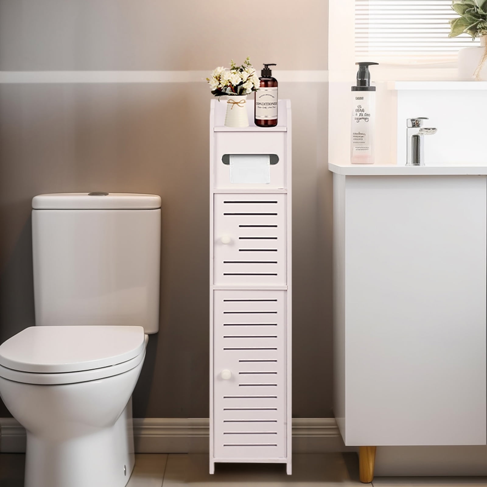 PinkSheep Small Bathroom Storage Cabinet with Doors and Shelves, Free Standing Toilet Paper Holders Stand Organizer for Small Spaces, White